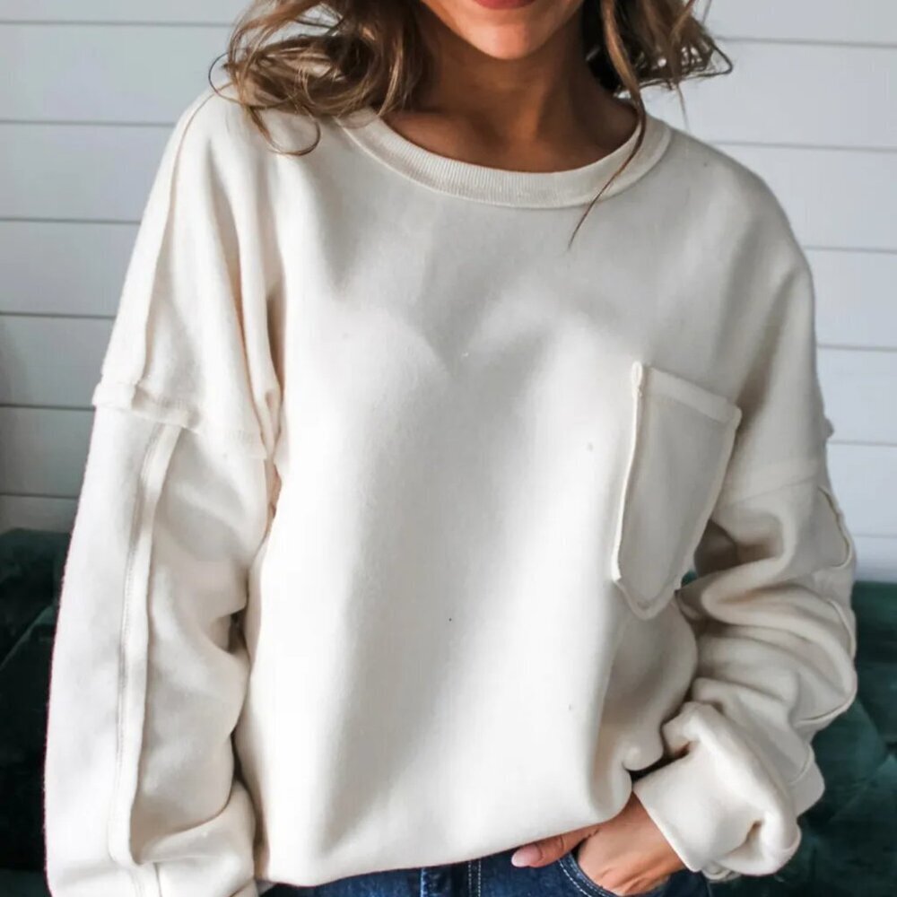 Exposed Seam Chest Pocket Knit Pullover Sweatshirt